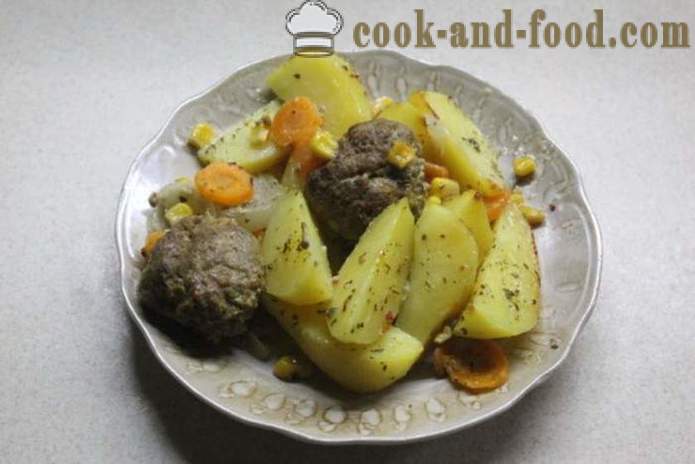 Boulettes de viande cuites au four avec des pommes de terre et légumes - comment faire cuire les boulettes de viande dans le four, avec une étape par étape des photos de recettes