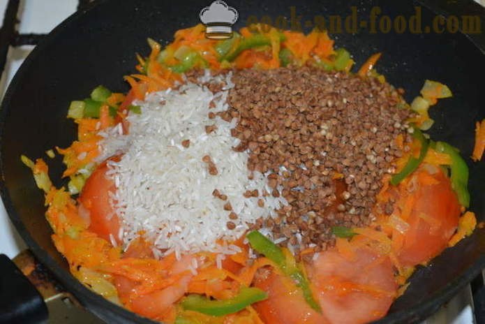Kasha: Sarrasin avec du riz et des légumes dans une poêle à frire - comment faire cuire le sarrasin avec garniture de riz ensemble, étape par étape les photos de recettes