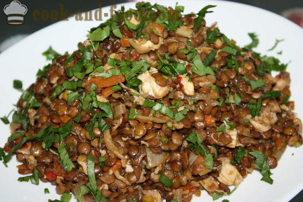 Salade tiède de lentilles avec du poulet et des légumes - comment faire cuire une salade tiède de lentilles, une étape par étape des photos de recettes
