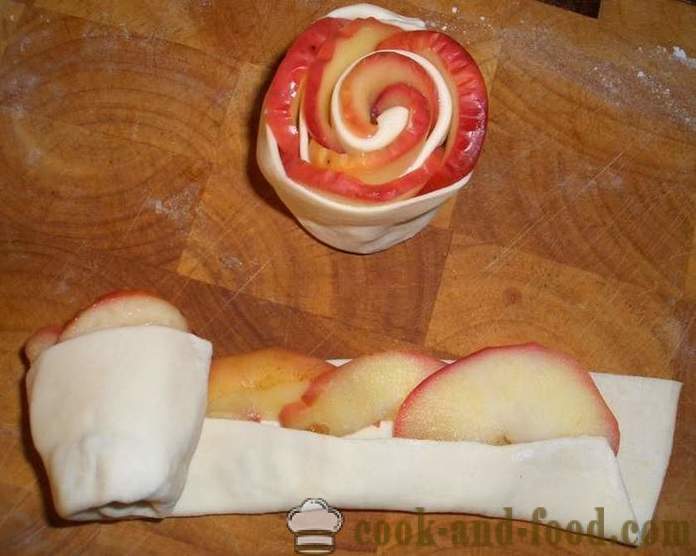 Rose gâteau de pâte feuilletée et pommes sous la neige de sucre en poudre - la recette au four, avec des photos