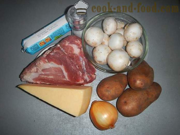 Pommes de terre en français dans le four - une photo-recette comment faire cuire les pommes de terre en français avec du porc et champignons