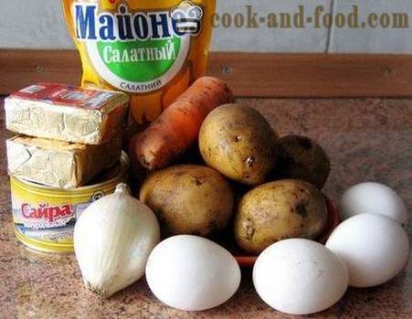 Mimosa salade - recette tour par tour classique avec du fromage, du beurre, de la nourriture en conserve et les pommes de terre (photo, vidéo)